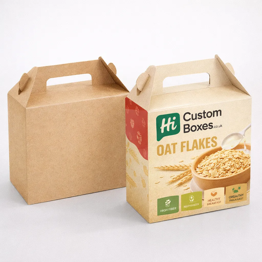 Two cardboard gable boxes with integrated handles, featuring a printed design for wholesale oat flakes packaging. class=